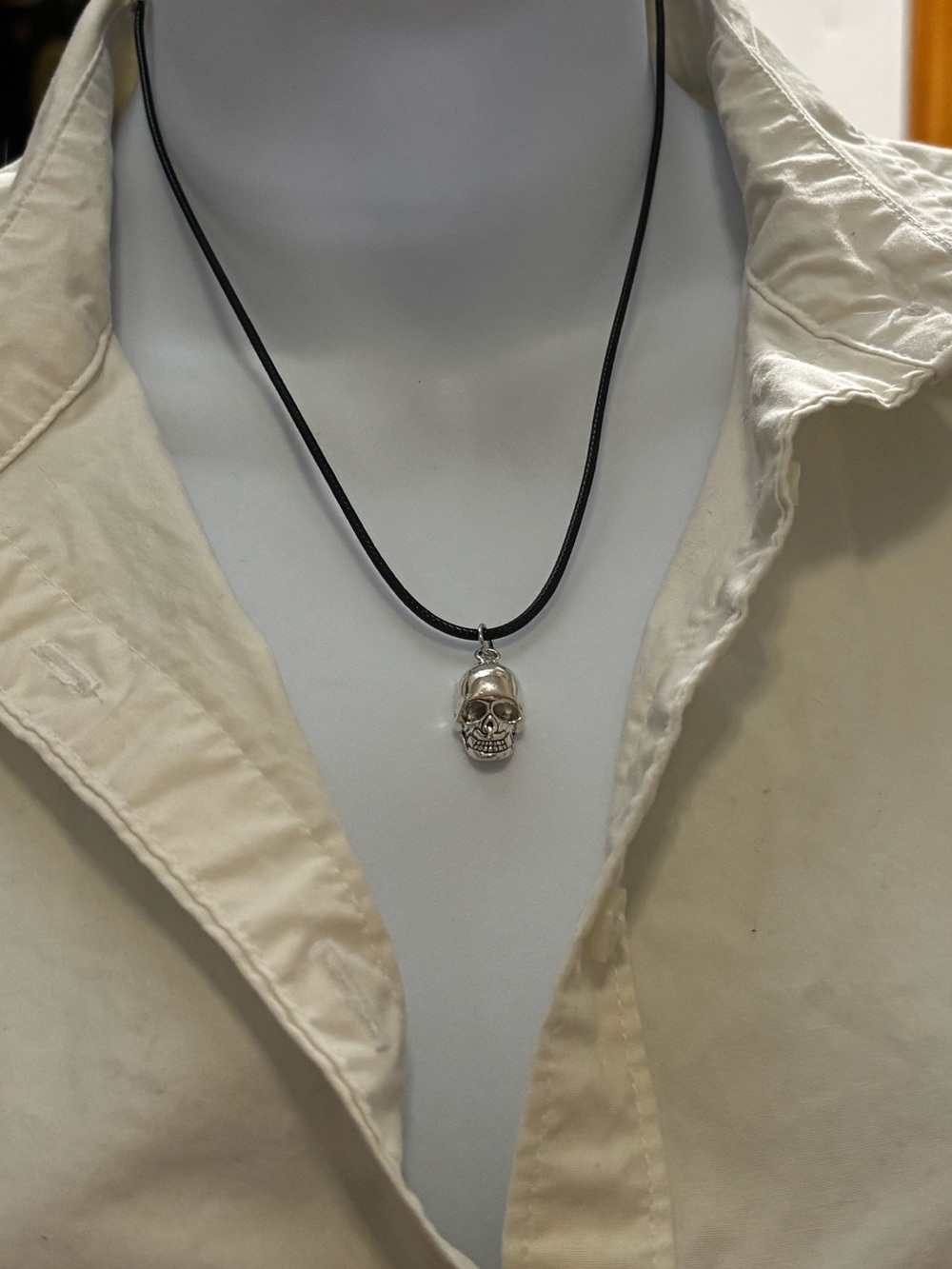 Silver Skull Pendant Necklace on Black Cord